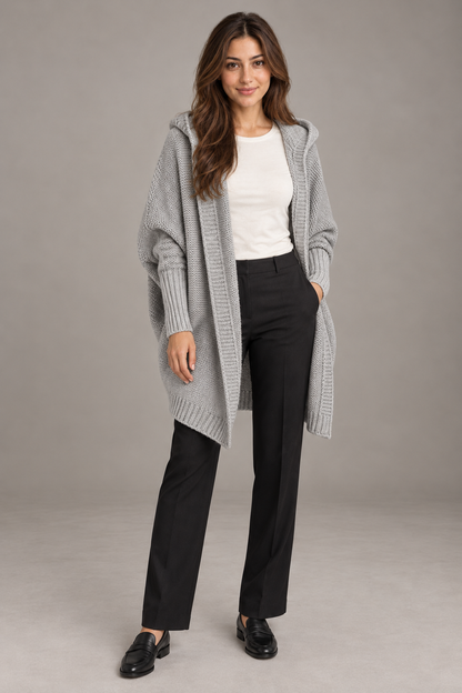 Bloodnew – Cardigan oversize à capuche manches chauve-souris – Maille douce – Gris – full