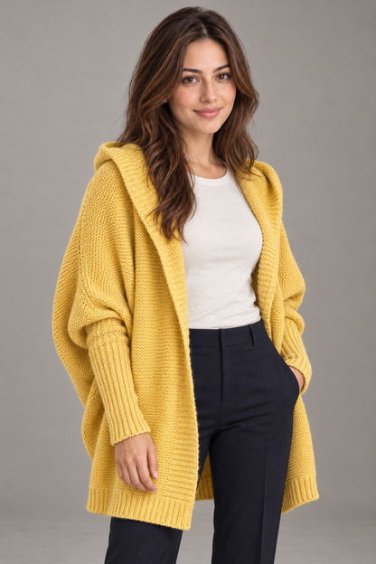 Bloodnew – Cardigan oversize à capuche manches chauve-souris – Maille douce – Jaune – close