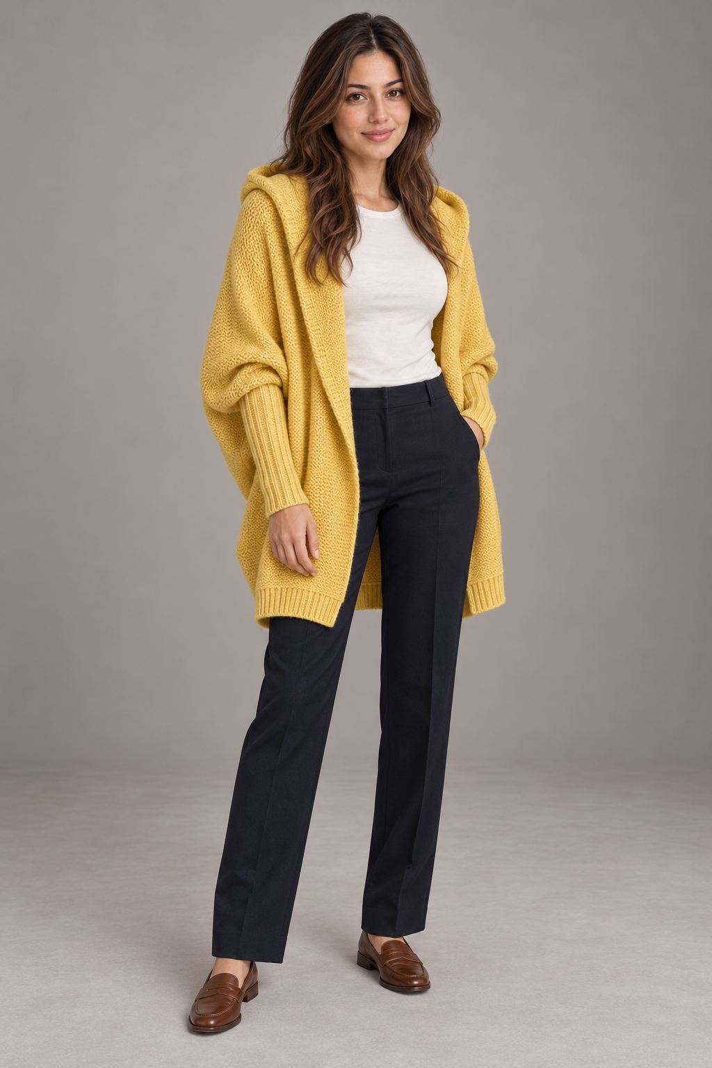 Bloodnew – Cardigan oversize à capuche manches chauve-souris – Maille douce – Jaune – full