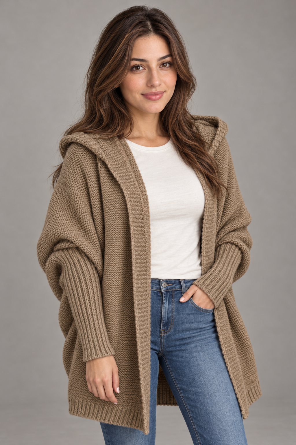 Bloodnew – Cardigan oversize à capuche manches chauve-souris – Maille douce – Kaki – close