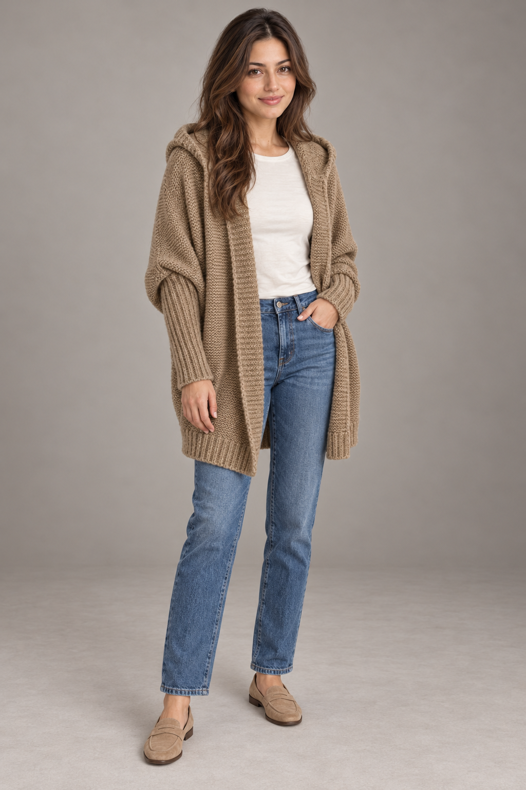 Bloodnew – Cardigan oversize à capuche manches chauve-souris – Maille douce – Kaki – full