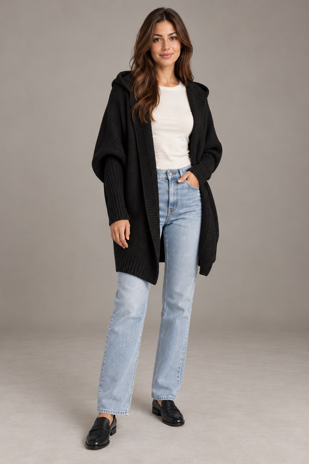 Bloodnew – Cardigan oversize à capuche manches chauve-souris – Maille douce – Noir – full