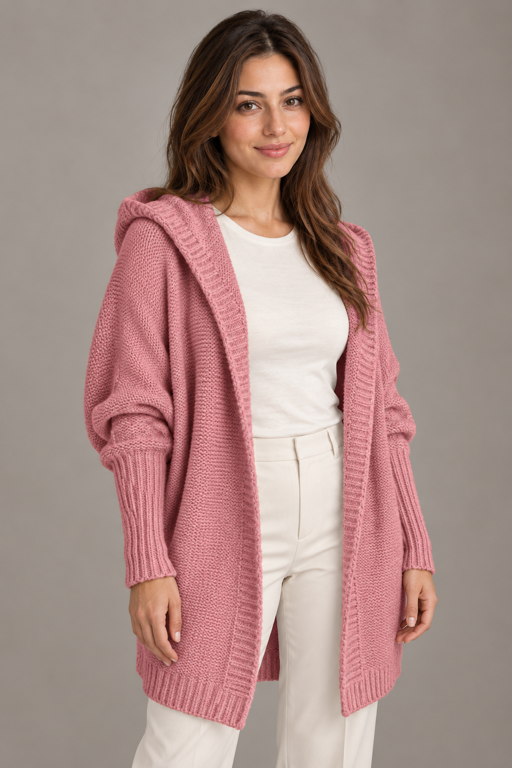 Bloodnew – Cardigan oversize à capuche manches chauve-souris – Maille douce – Rose – close