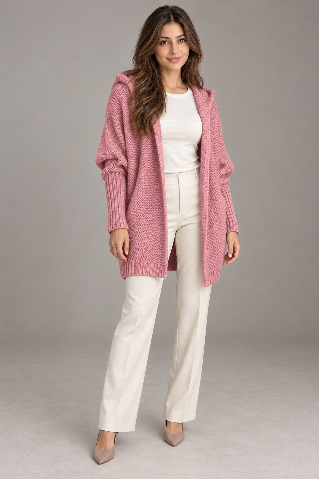 Bloodnew – Cardigan oversize à capuche manches chauve-souris – Maille douce – Rose – full