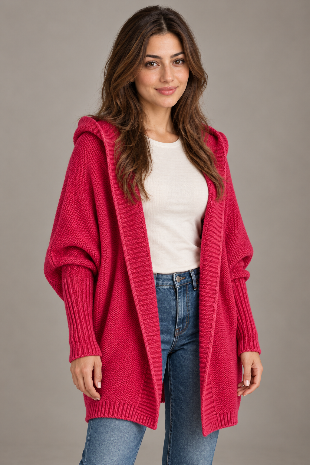 Bloodnew – Cardigan oversize à capuche manches chauve-souris – Maille douce – Rouge – close