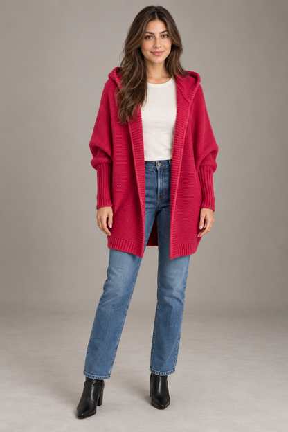 Bloodnew – Cardigan oversize à capuche manches chauve-souris – Maille douce – Rouge – full