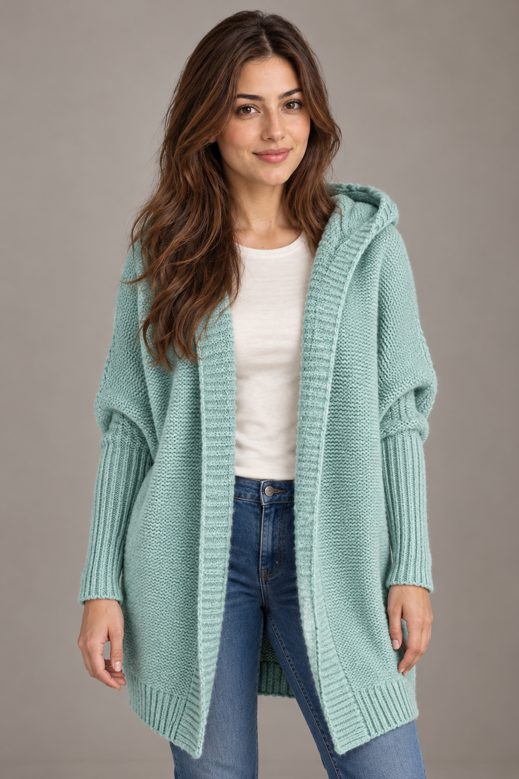 Bloodnew – Cardigan oversize à capuche manches chauve-souris – Maille douce – Vert menthe – close