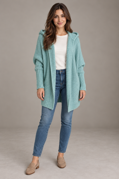 Bloodnew – Cardigan oversize à capuche manches chauve-souris – Maille douce – Vert menthe – full