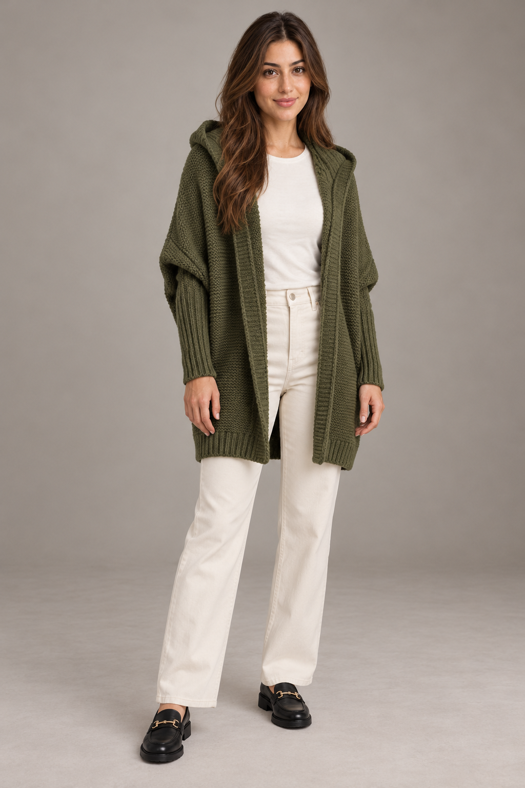 Bloodnew – Cardigan oversize à capuche manches chauve-souris – Maille douce – Vert militaire – full