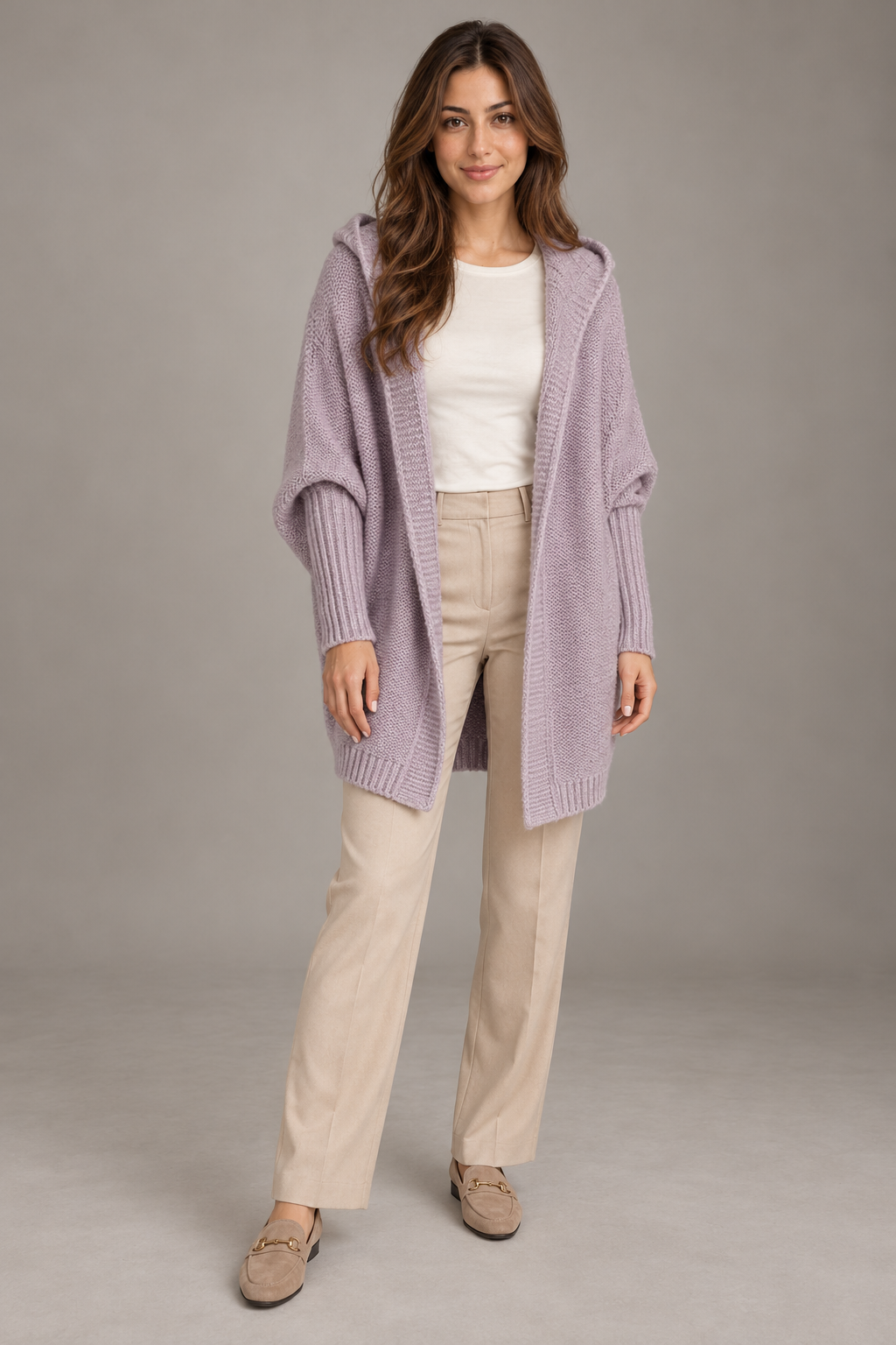 Bloodnew – Cardigan oversize à capuche manches chauve-souris – Maille douce – Violet – full