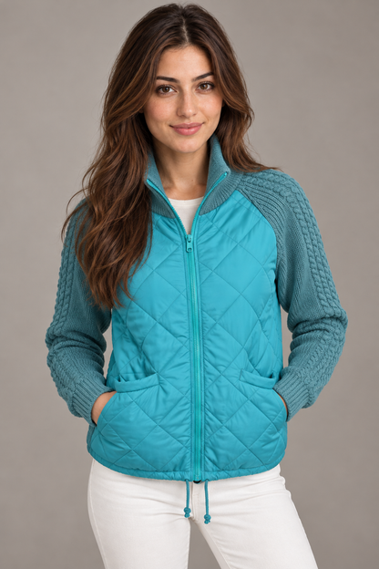 Bloodnew – Veste matelassée col montant zippée – Manches en maille, chaude – Bleu lac – close