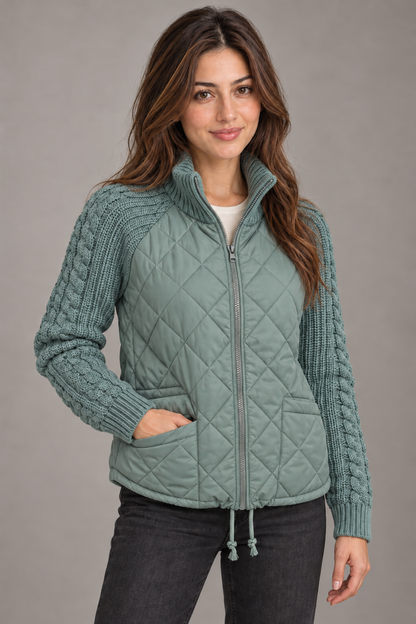 Bloodnew – Veste matelassée col montant zippée – Manches en maille, chaude – Bleu lac foncé – close