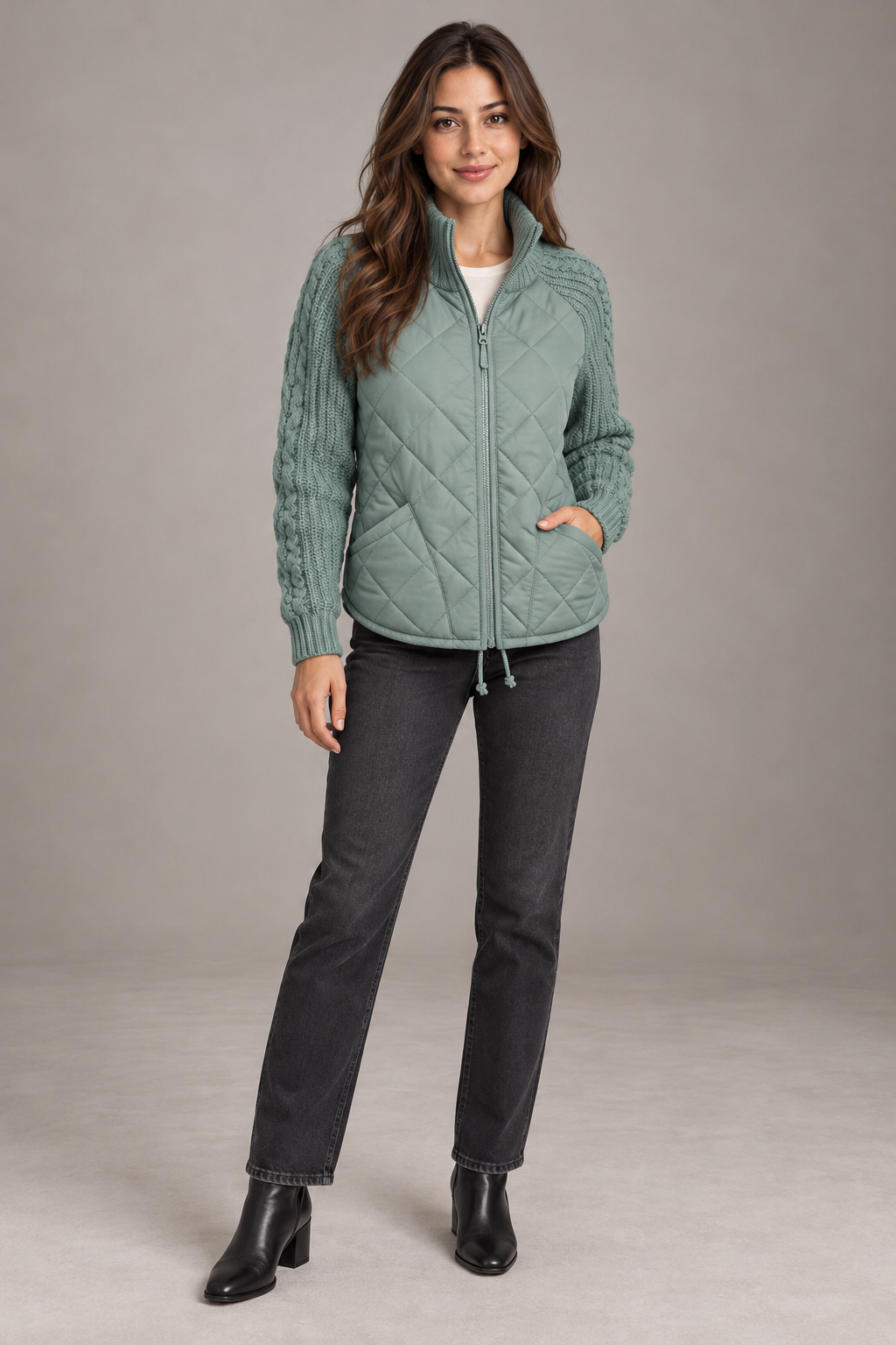 Bloodnew – Veste matelassée col montant zippée – Manches en maille, chaude – Bleu lac foncé – full