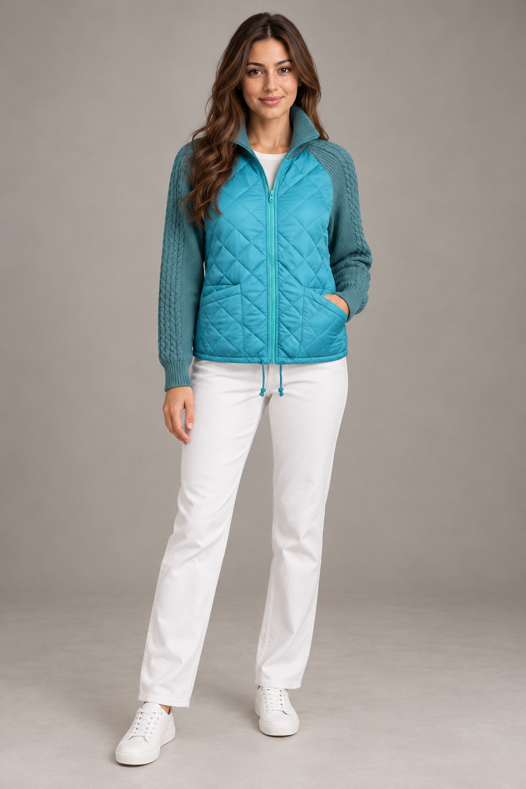 Bloodnew – Veste matelassée col montant zippée – Manches en maille, chaude – Bleu lac – full