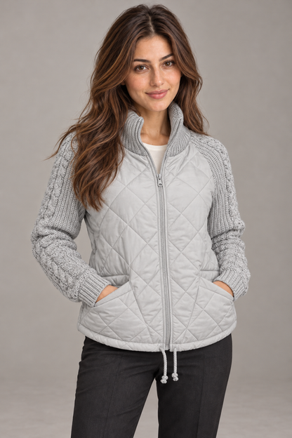 Bloodnew – Veste matelassée col montant zippée – Manches en maille, chaude – Gris – close