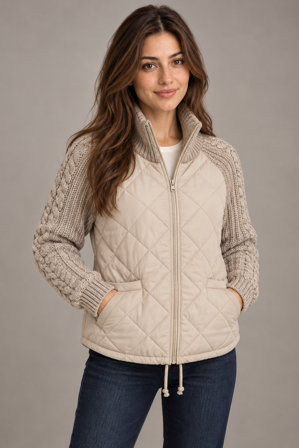 Bloodnew – Veste matelassée col montant zippée – Manches en maille, chaude – Kaki – close