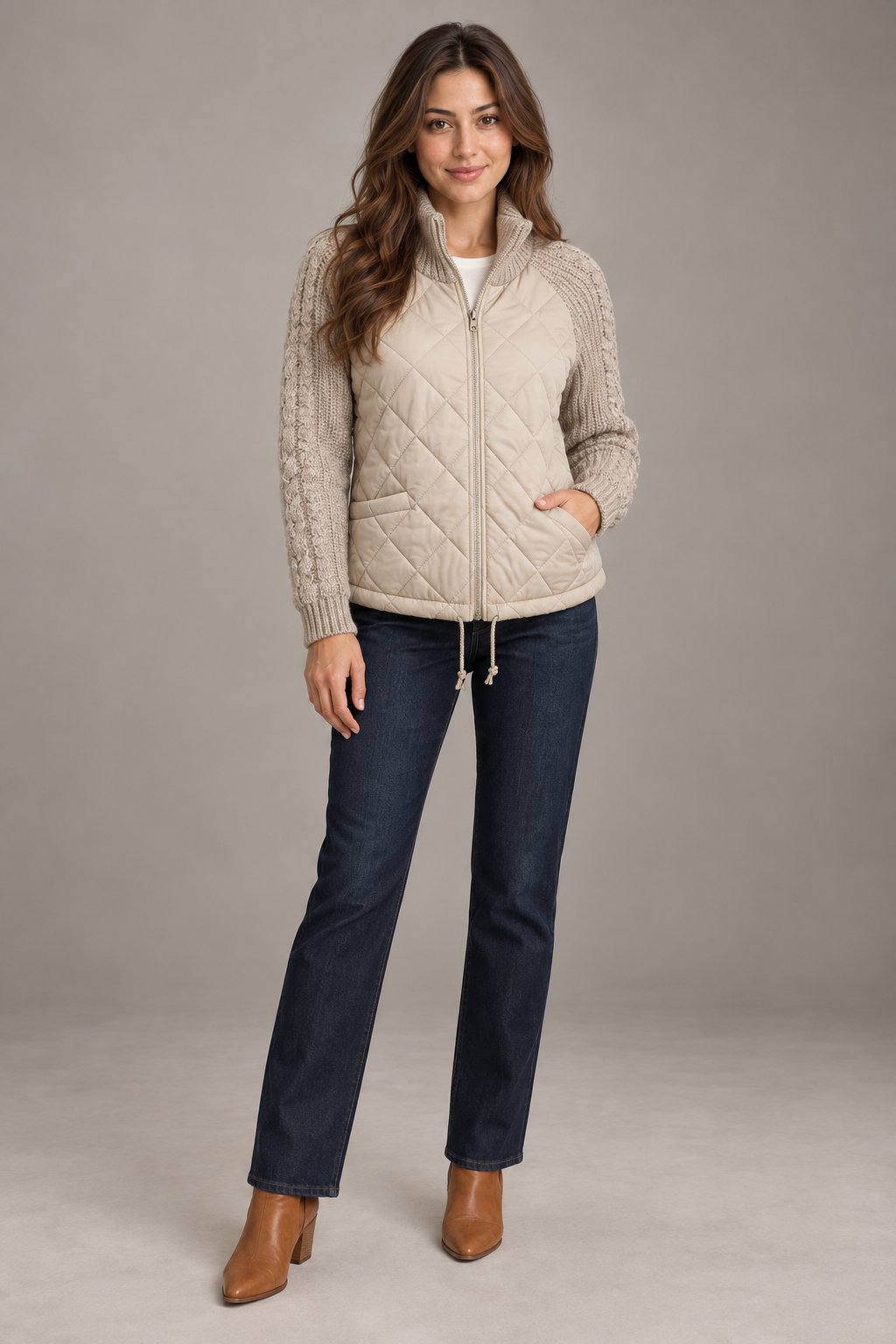 Bloodnew – Veste matelassée col montant zippée – Manches en maille, chaude – Kaki – full