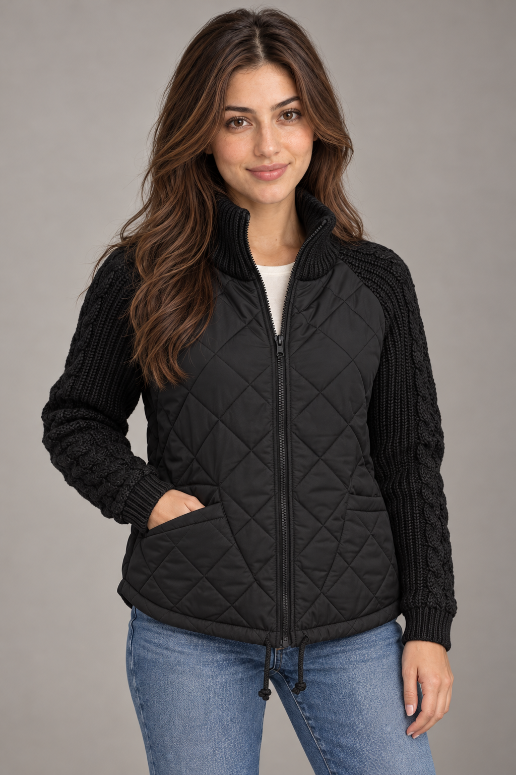 Bloodnew – Veste matelassée col montant zippée – Manches en maille, chaude – Noir – close