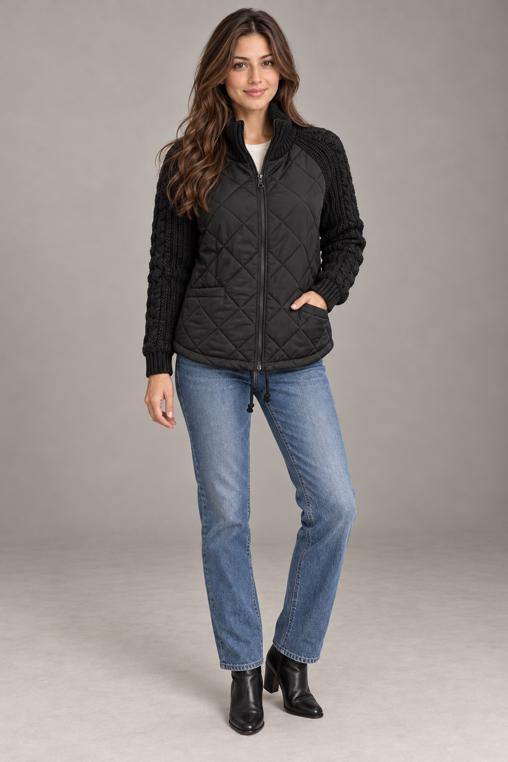 Bloodnew – Veste matelassée col montant zippée – Manches en maille, chaude – Noir – full