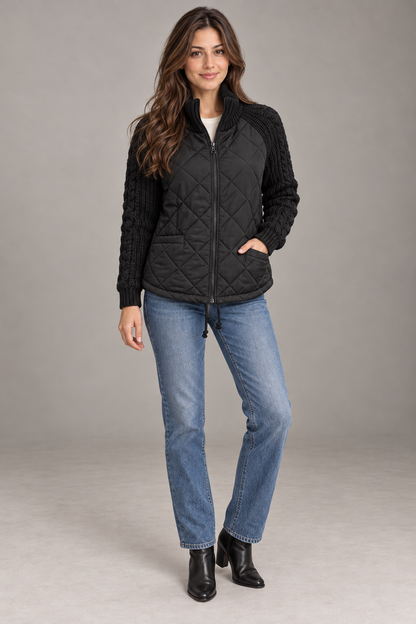 Bloodnew – Veste matelassée col montant zippée – Manches en maille, chaude – Noir – full
