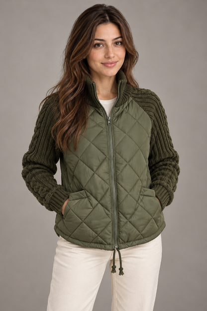 Bloodnew – Veste matelassée col montant zippée – Manches en maille, chaude – Vert militaire – close