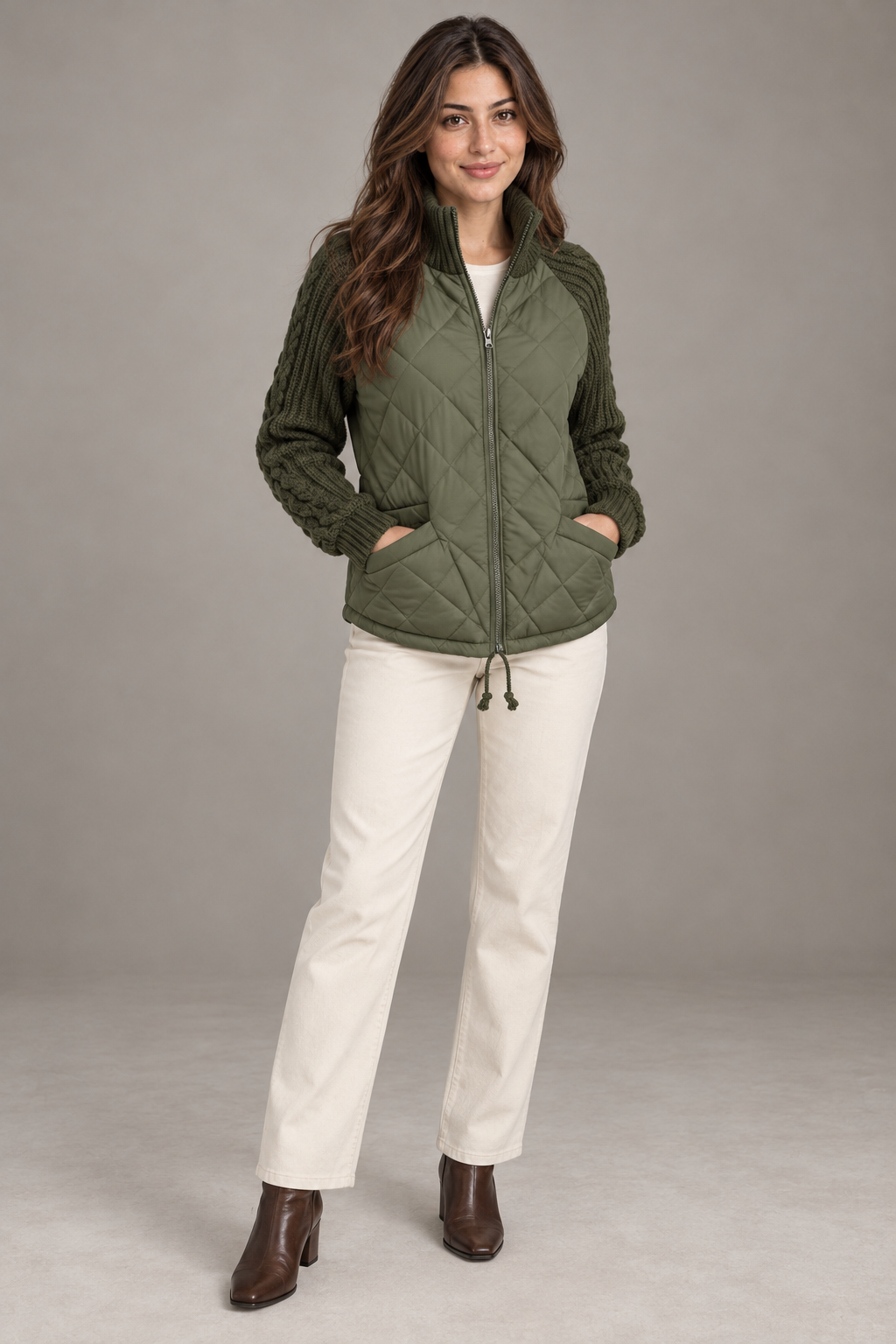Bloodnew – Veste matelassée col montant zippée – Manches en maille, chaude – Vert militaire – full