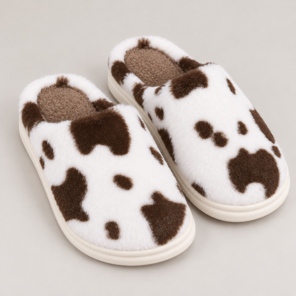Bloodnew – Chaussons peluche motif vache – Doux, chauds et antidérapants – Café – detail