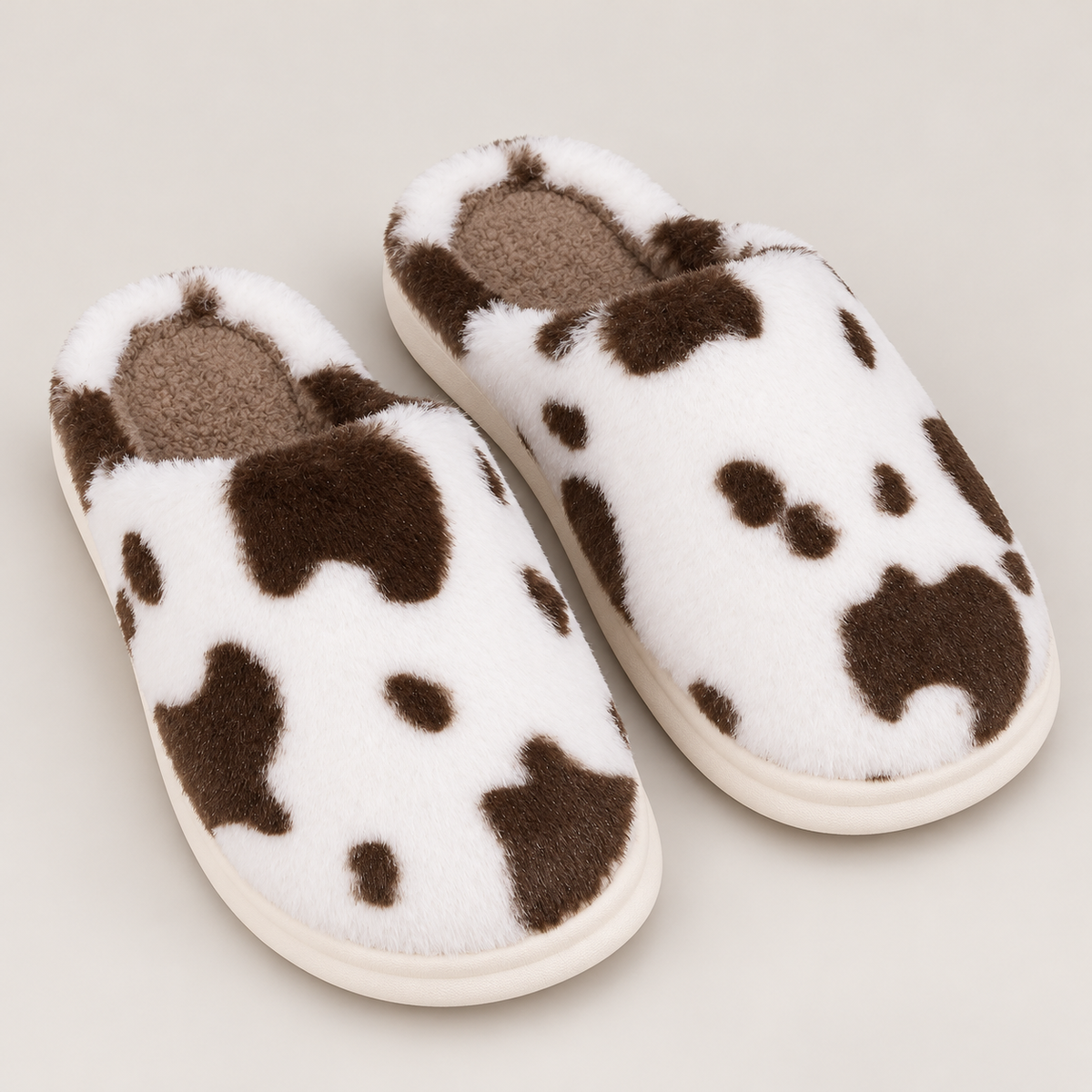 Bloodnew – Chaussons peluche motif vache – Doux, chauds et antidérapants – Café – hero