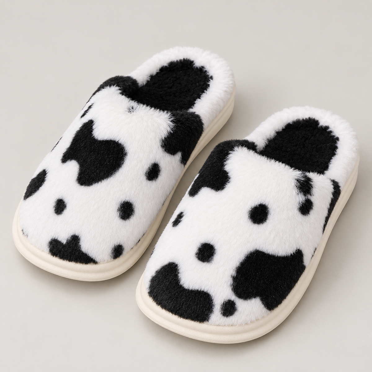 Bloodnew – Chaussons peluche motif vache – Doux, chauds et antidérapants – Noir – detail