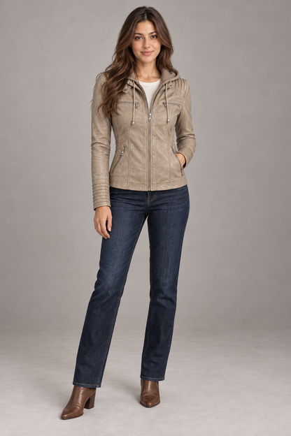 Bloodnew – Veste en simili cuir à capuche amovible – Zippée, poches – Abricot – full