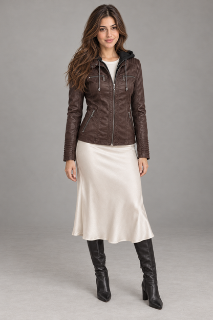 Bloodnew – Veste en simili cuir à capuche amovible – Zippée, poches – Café – full