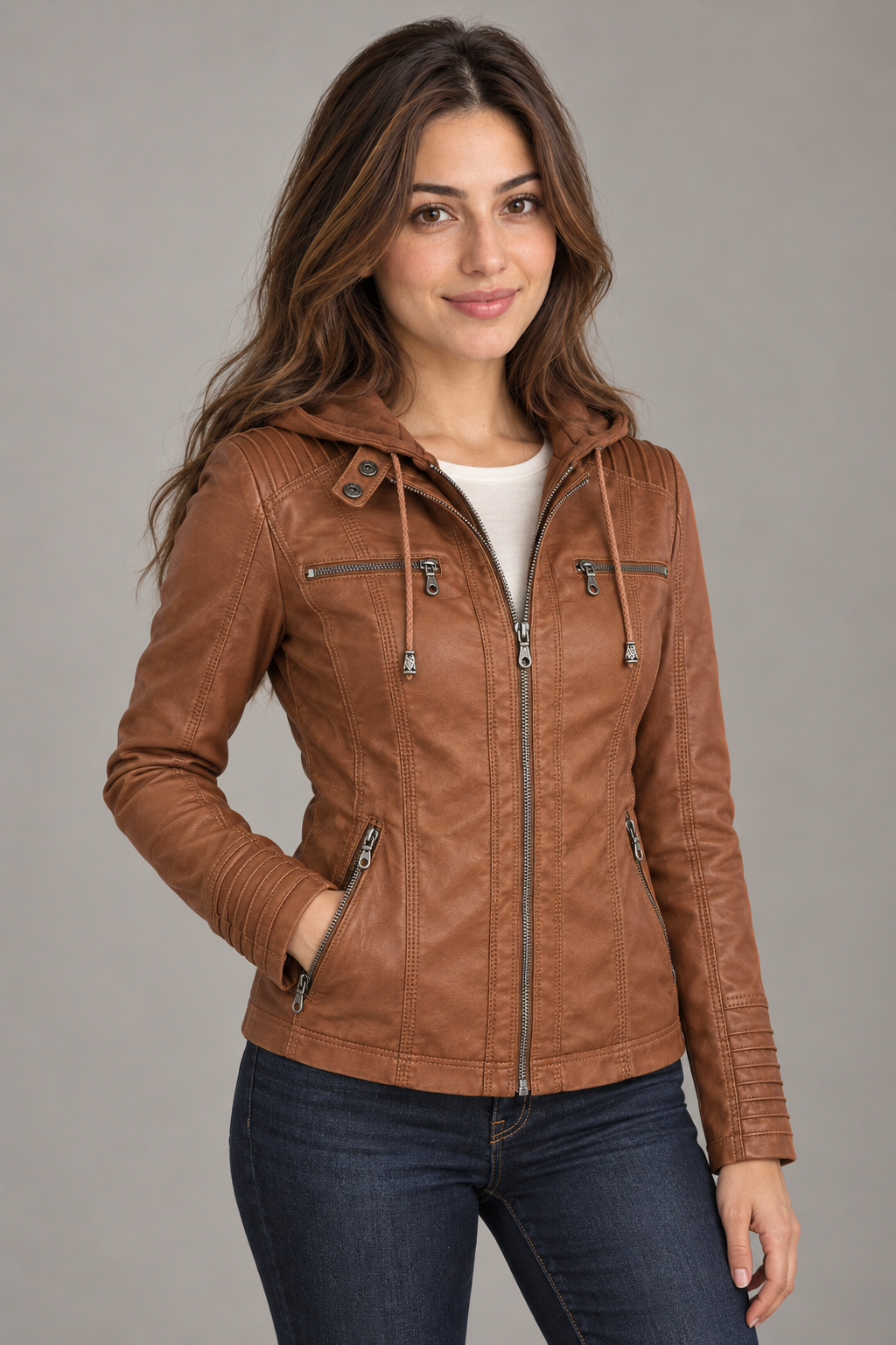 Bloodnew – Veste en simili cuir à capuche amovible – Zippée, poches – Marron – close