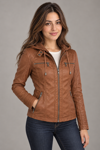 Bloodnew – Veste en simili cuir à capuche amovible – Zippée, poches – Marron – close