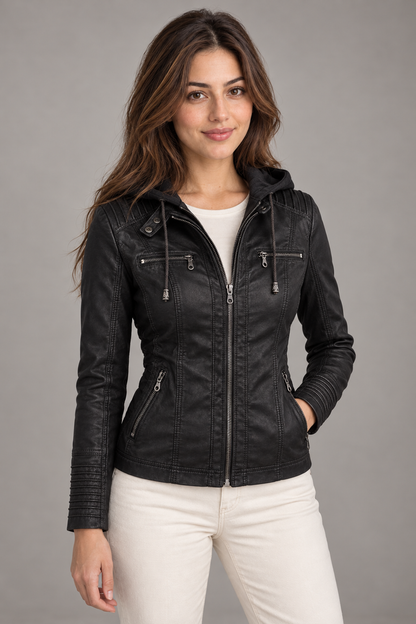 Bloodnew – Veste en simili cuir à capuche amovible – Zippée, poches – Noir – close