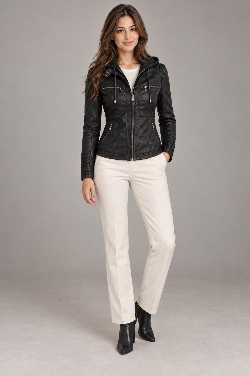 Bloodnew – Veste en simili cuir à capuche amovible – Zippée, poches – Noir – full