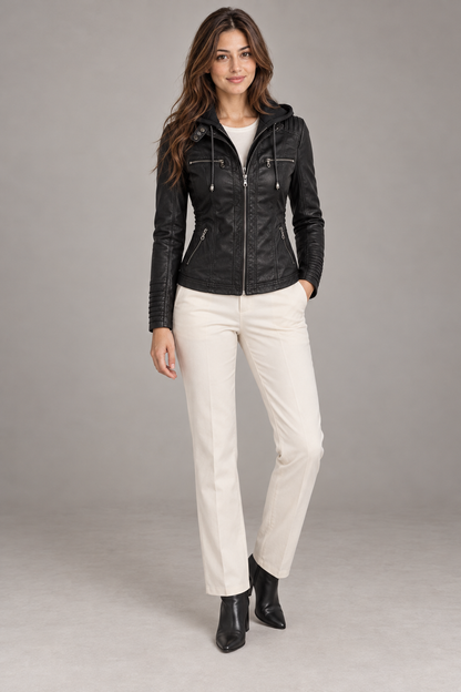 Bloodnew – Veste en simili cuir à capuche amovible – Zippée, poches – Noir – full