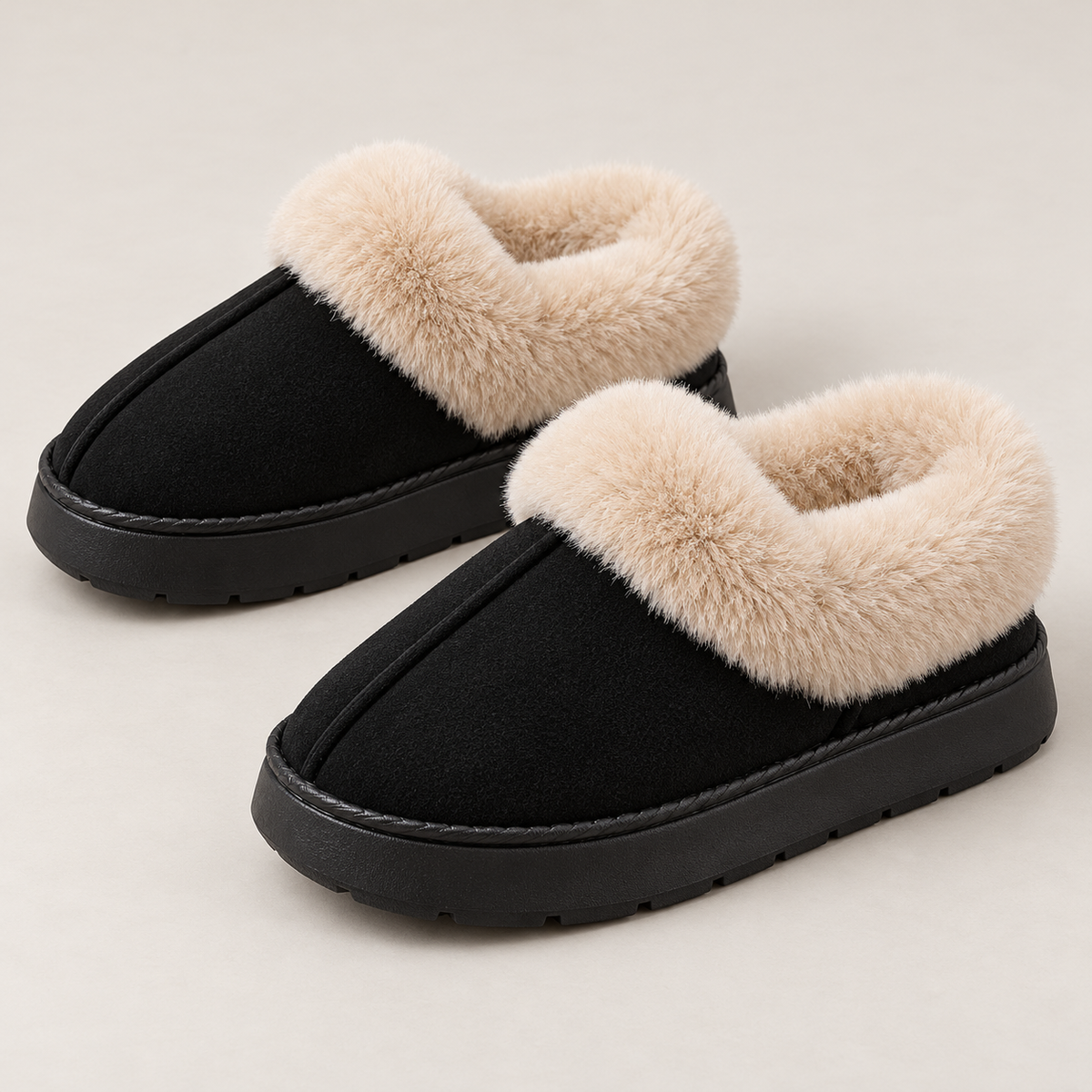 Bloodnew – Chaussons plateforme doublés fausse fourrure – Moelleux et antidérapants – Noir – hero