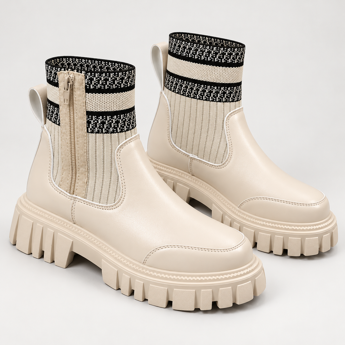 Bloodnew – Bottes mi-mollet en maille zippées – Semelle épaisse antidérapante – Beige – hero