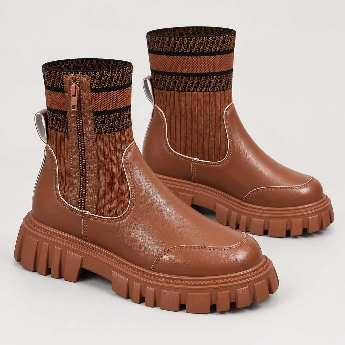 Bloodnew – Bottes mi-mollet en maille zippées – Semelle épaisse antidérapante – Marron – detail