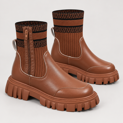 Bloodnew – Bottes mi-mollet en maille zippées – Semelle épaisse antidérapante – Marron – detail
