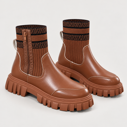Bloodnew – Bottes mi-mollet en maille zippées – Semelle épaisse antidérapante – Marron – hero
