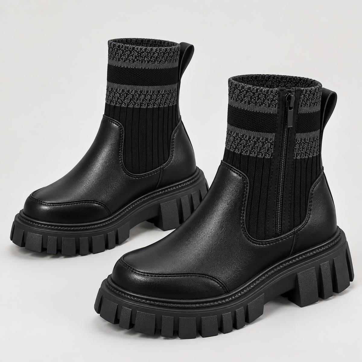 Bloodnew – Bottes mi-mollet en maille zippées – Semelle épaisse antidérapante – Noir – detail