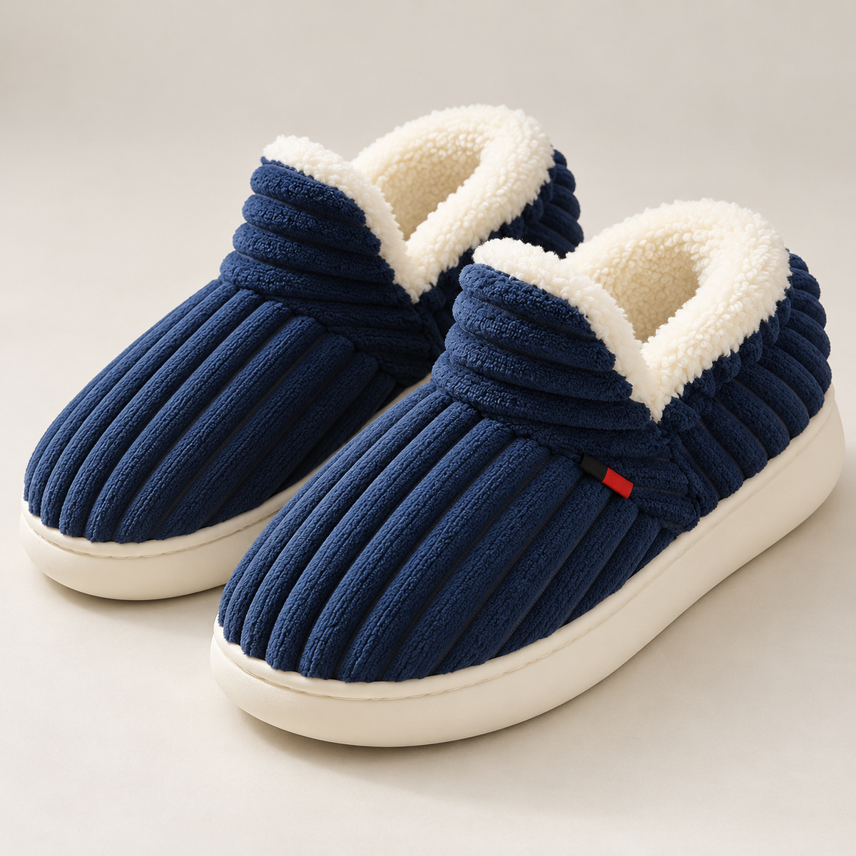 Bloodnew – Chaussons peluche rayés unisexes – Doux et chauds – Bleu marine – detail