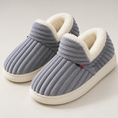 Bloodnew – Chaussons peluche rayés unisexes – Doux et chauds – Gris – detail