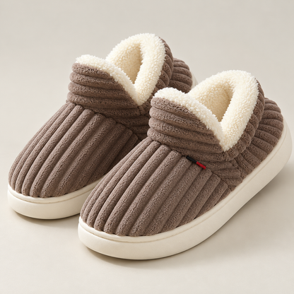 Bloodnew – Chaussons peluche rayés unisexes – Doux et chauds – Marron – detail