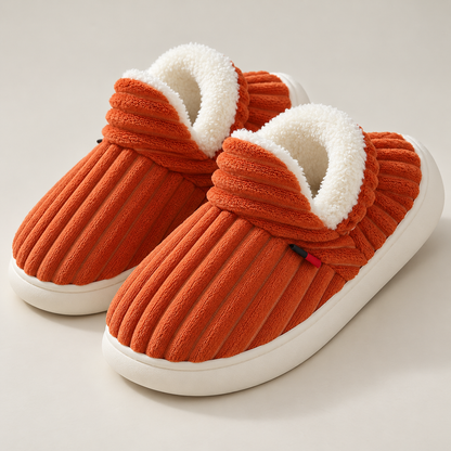 Bloodnew – Chaussons peluche rayés unisexes – Doux et chauds – Rouge orangé – detail