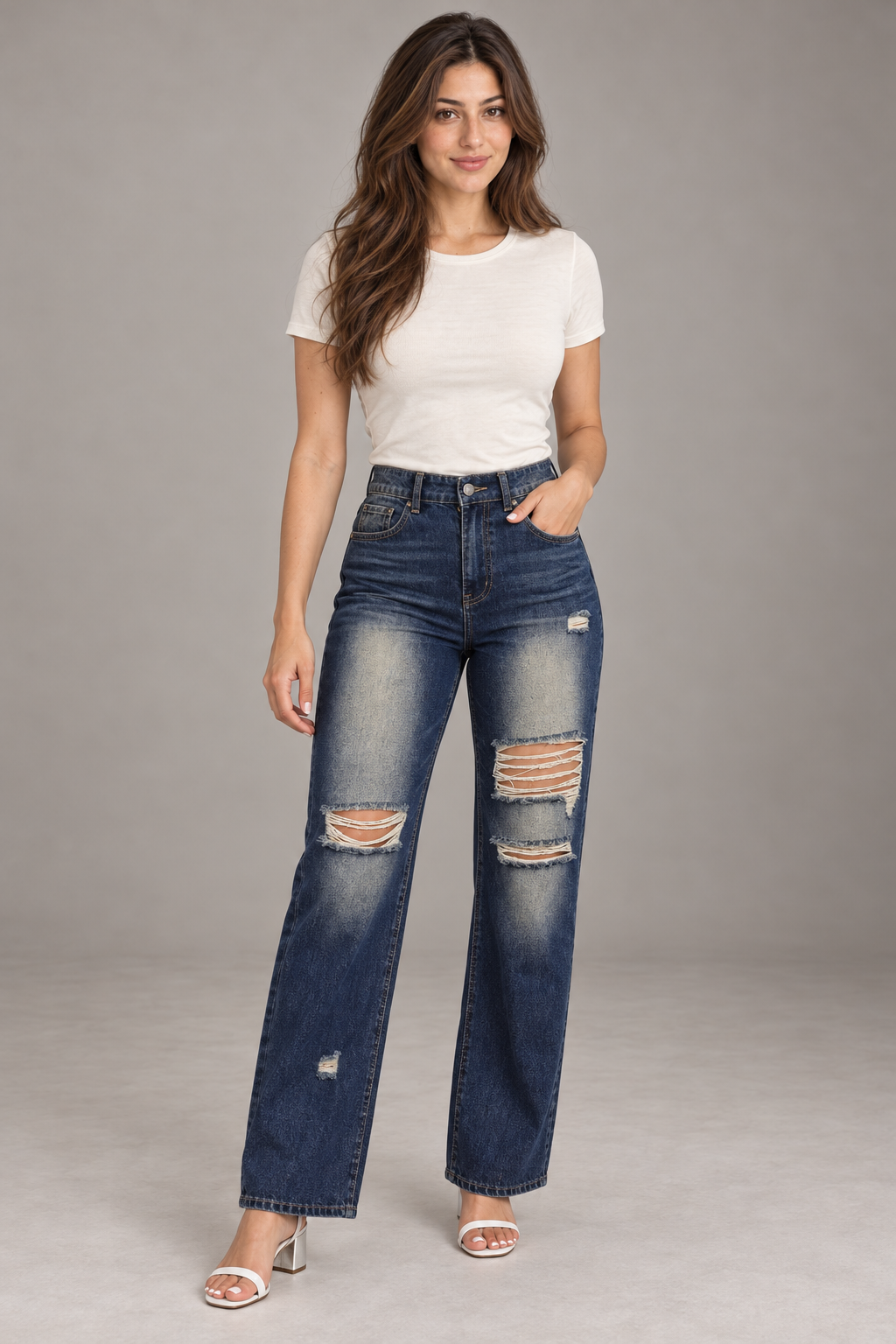Bloodnew – Jean taille haute déchiré jambe large – Coupe droite avec poches – Bleu marine – full