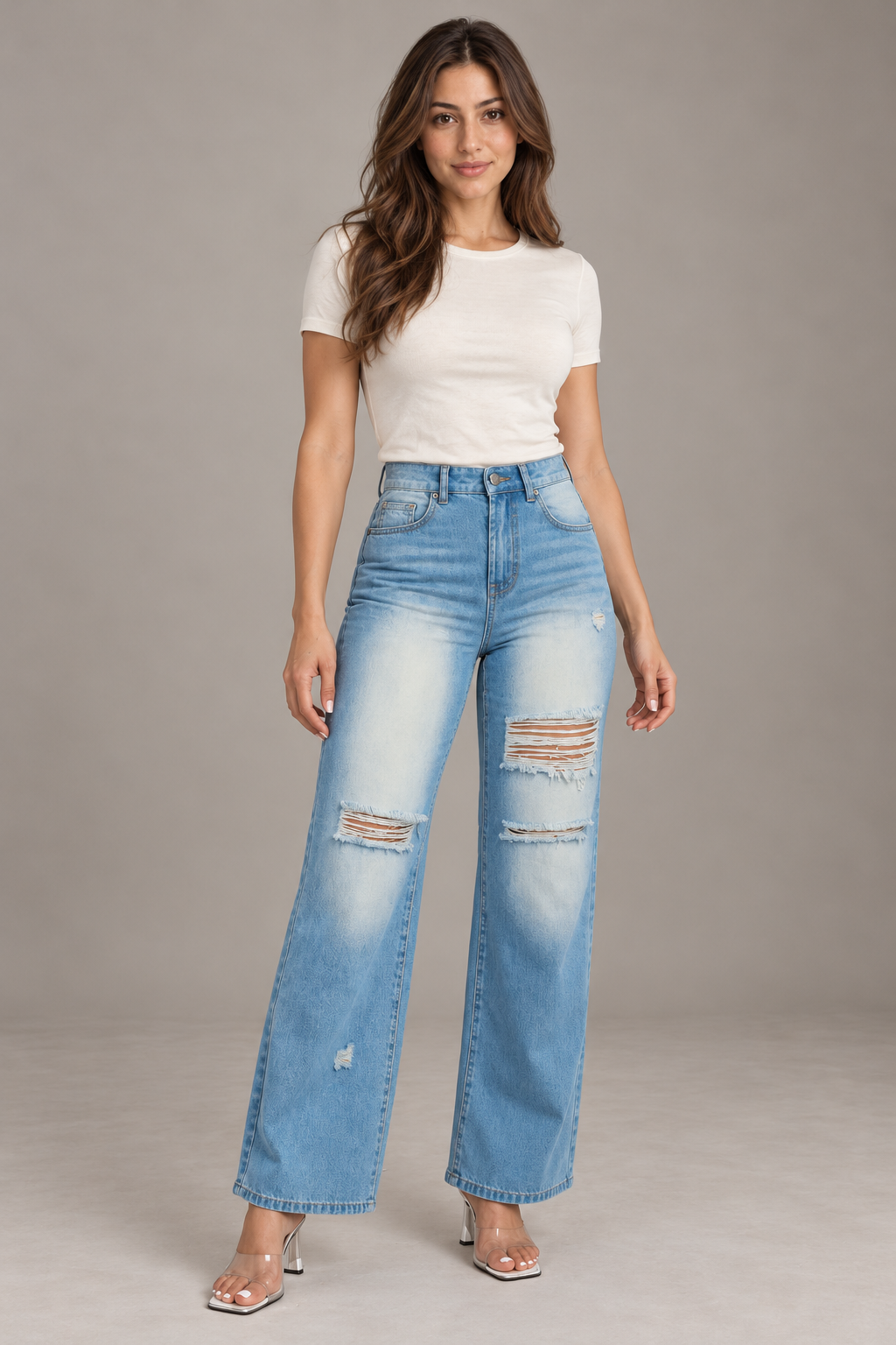 Bloodnew – Jean taille haute déchiré jambe large – Coupe droite avec poches – Vert clair – full