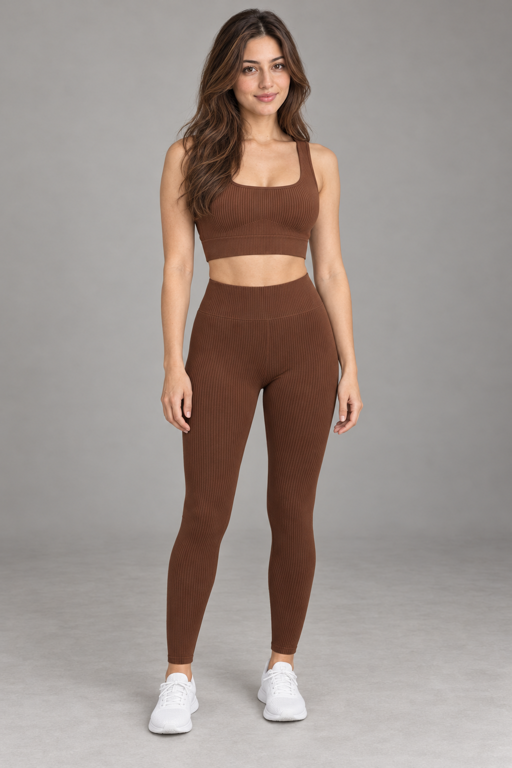 Bloodnew – Ensemble yoga sans coutures 2 pièces – Café foncé – modèle – full