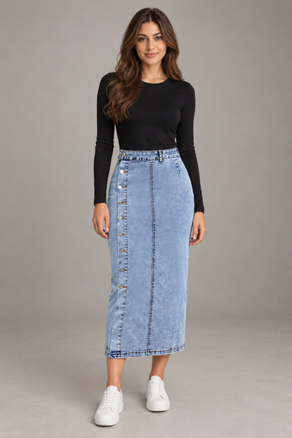 Bloodnew – Jupe en jean fendue à boutons – Bleu – full
